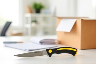 Modern office desk with cutter knife and supplies